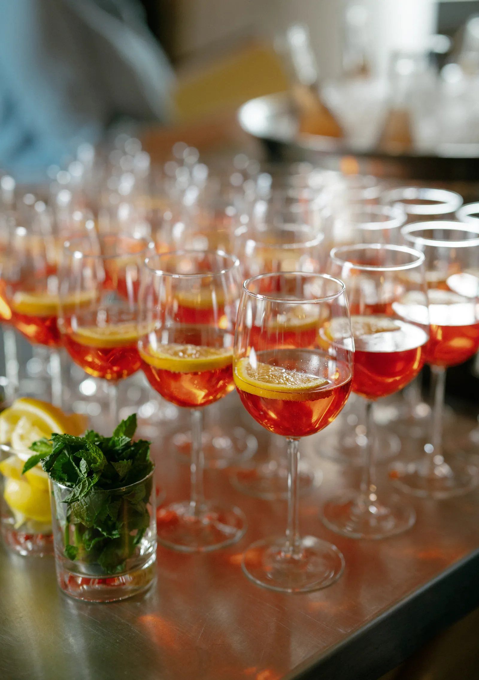 Tray of spritz cocktails at golden hour